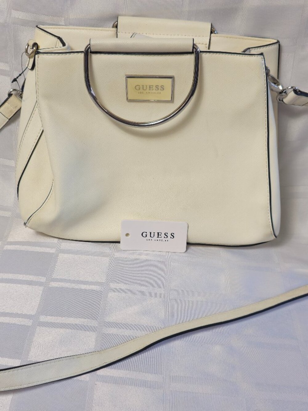 Guess Cream Top-Handle Shoulder Bag with Silver Hardware